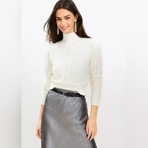 Loft Cream/Off White Puff Sleeve Cable Knit Turtleneck Sweater